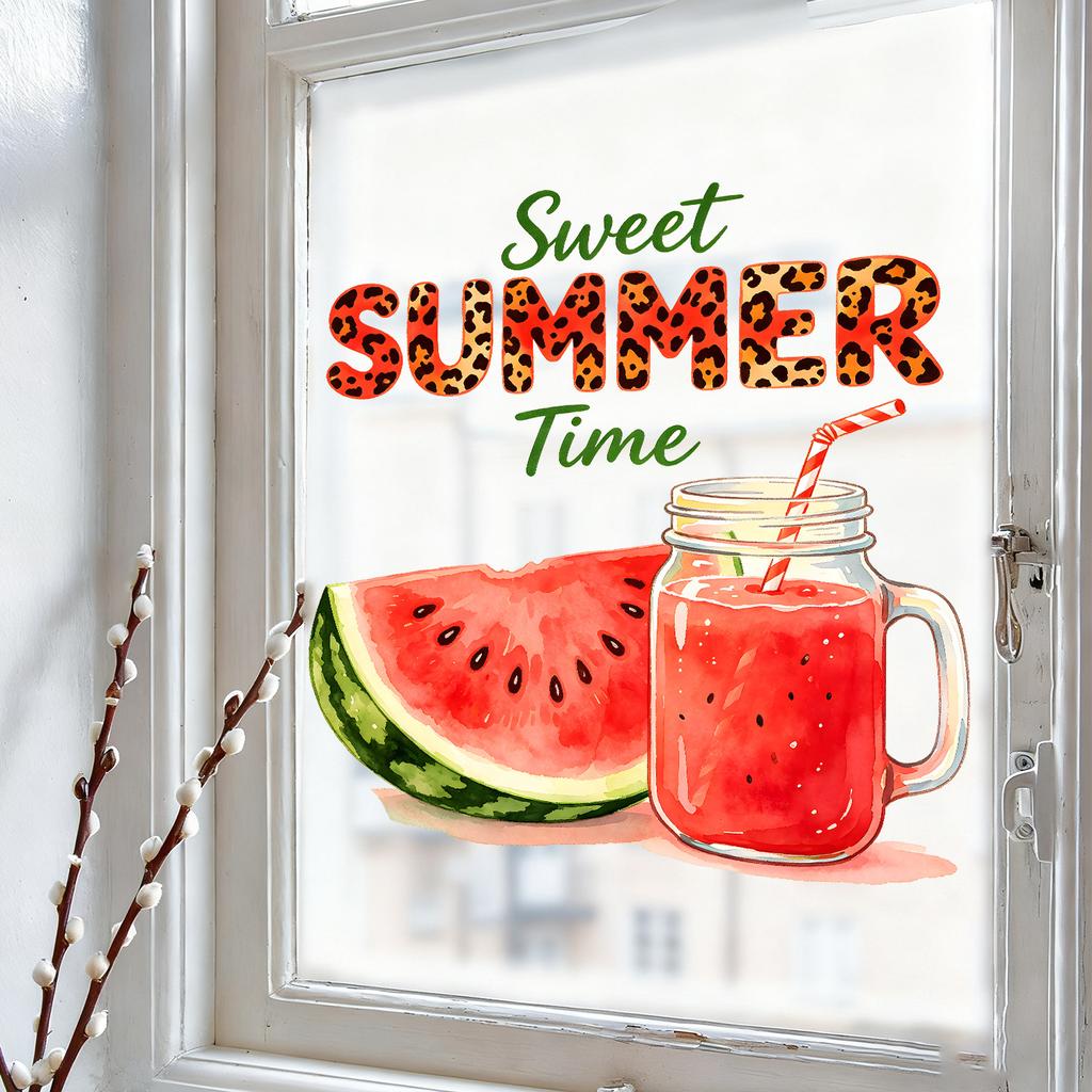 Creative Summer Watermelon Iced Drink Static Cling Wall Sticker Waterproof Oil Proof Kitchen Living Room Decor