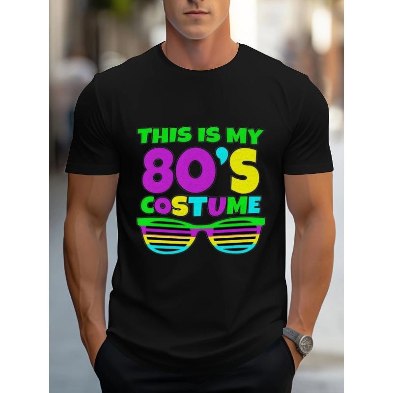 

European size Muscular for Man Navy Blue T - Shirt with Colorful Text, Colorful 80s - Style Fashion Glasses, Outdoor Setting Printed T - Shirt 4XL чорний