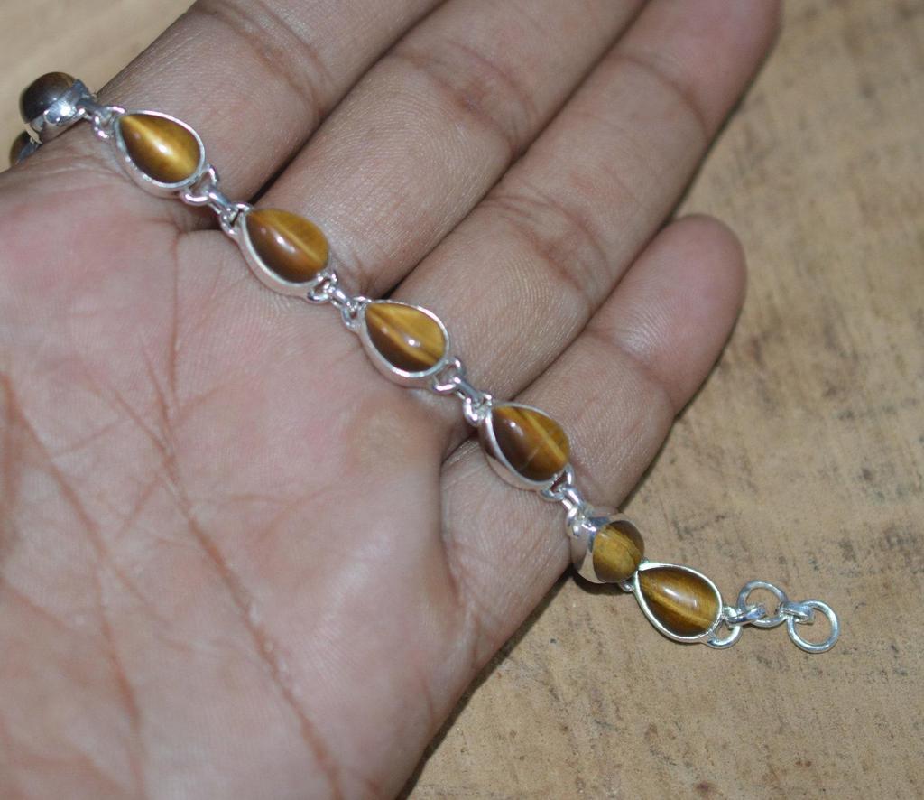 Solid 925 Sterling Silver Tiger Eye Gemstone Handmade Designer Boho Tennis Bracelet Charm Jewelry