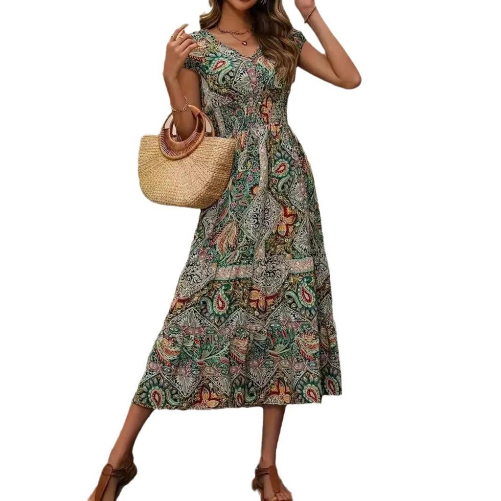 French Bohemian Holiday Print Midi Dress