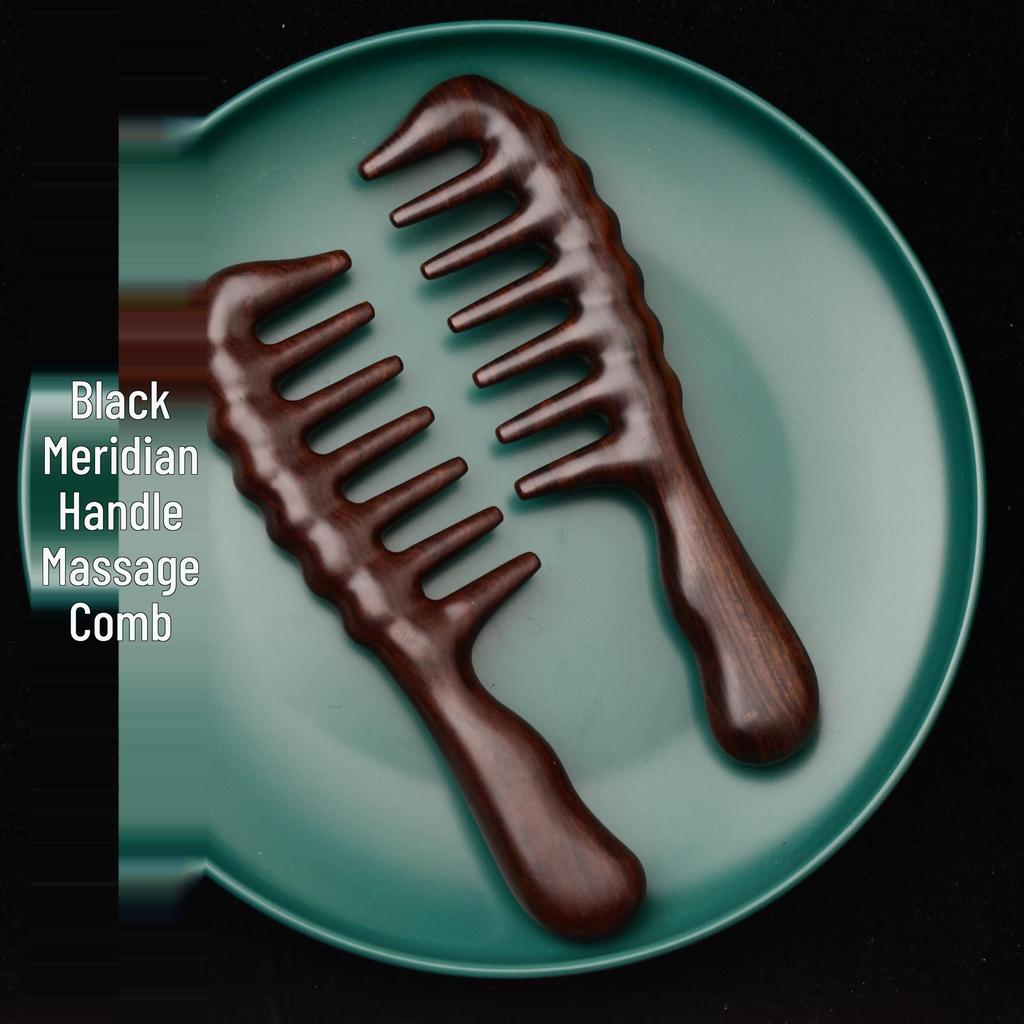 Ebony Ash Wood Wide-Tooth Meridian Massage Comb with Round Drum Handle