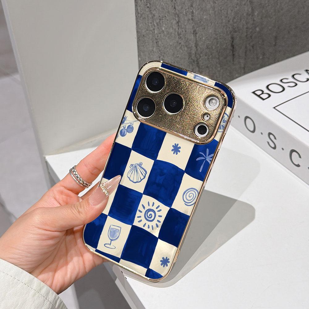 Lucky Start Phone Case For iPhone 17 16 15 14 13 12 11 Pro Max 16E Gold Electroplated glass shell  Blue Checkers Cover IPHONE17PROMAX