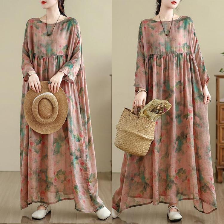 

Vintage Floral Print Long Sleeve Maxi Dress for Women Plus Size Oversize Loose Casual Spring Basic Long Dress One Size