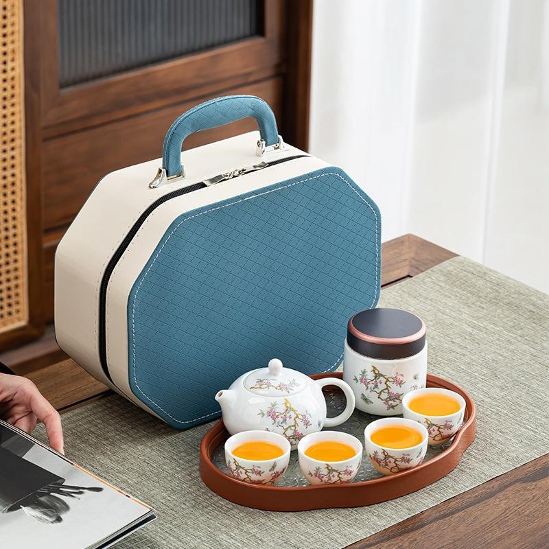 Business Gifts Portable Travel Set Dehua Suet Jade Wind Fresh Wisteria Flower Tea Pot Creative Leather Bag