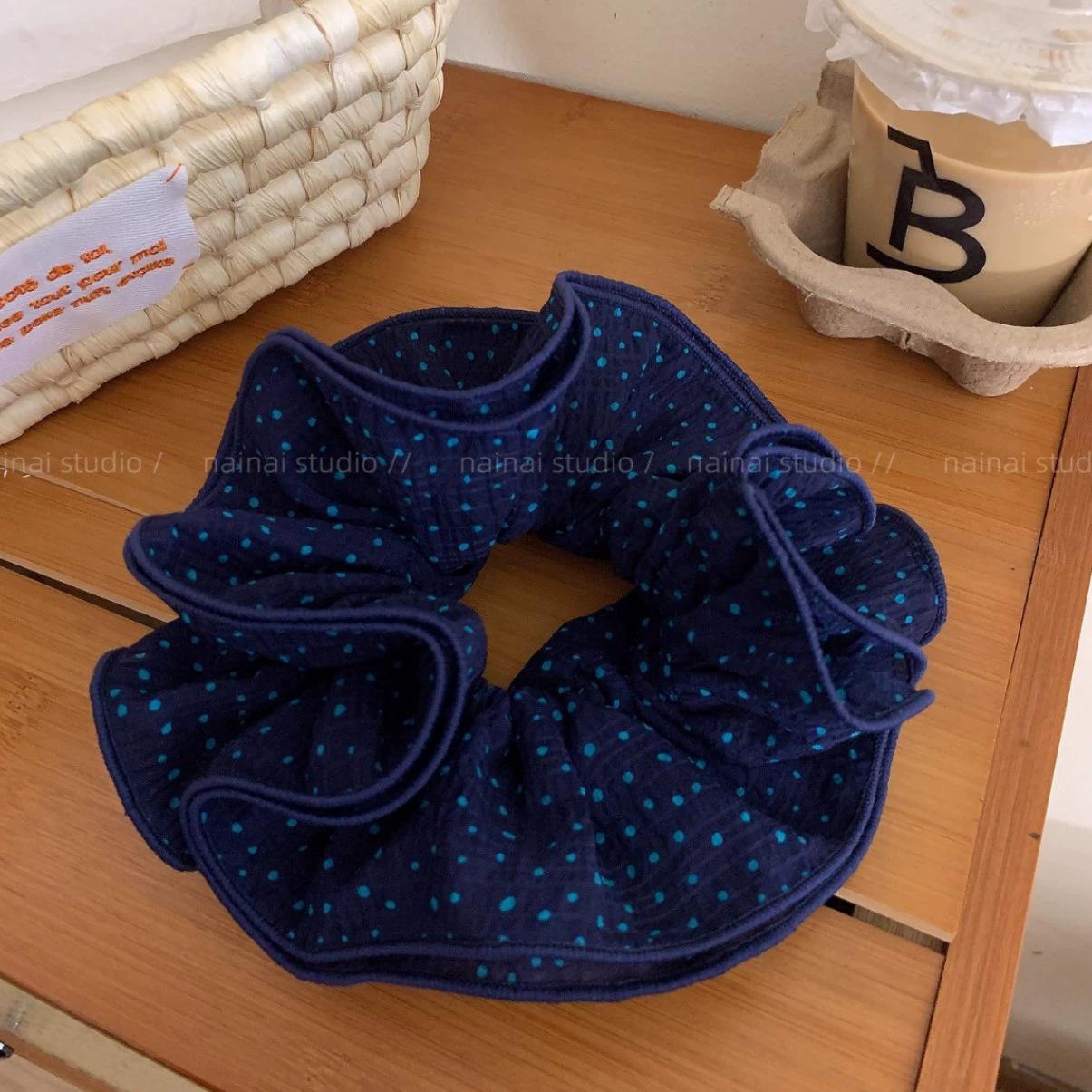 navy blue polka dot head flower small waist hair band women s ball head large intestine hair rope low ponytail rubber band hair accessories