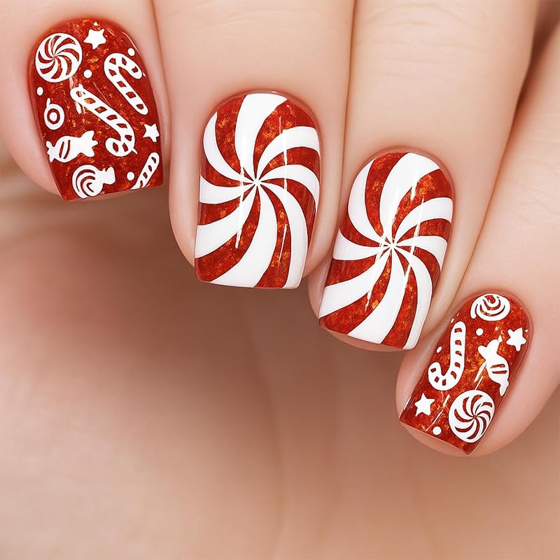 Christmas Press on Nails Short Square Red Fake Nails with Candy Cane Line Snowflake Glossy Designs Full Cover Press ons False Nails for Women 24 Pcs