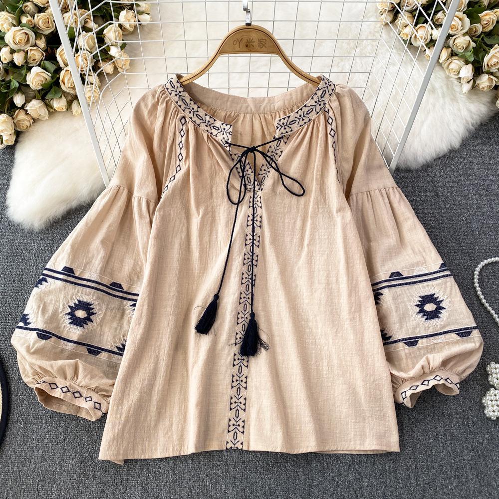 Long-sleeved Embroidered Top Literary Cotton And Linen Casual Women's Retro Shirt