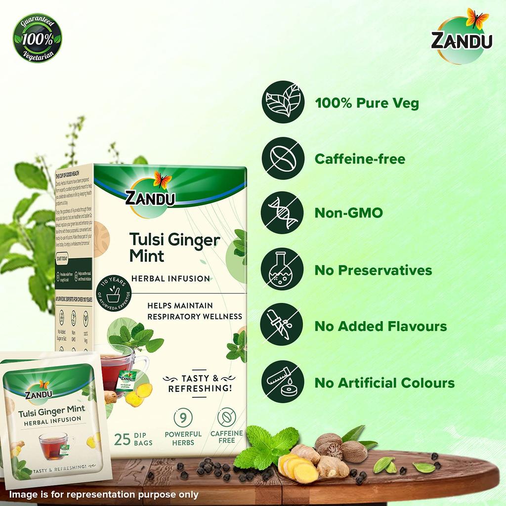 Zandu Tulsi Ginger Mint Herbal Infusion Tea  25 Tea Bags X  Pack of 2 – Refreshing Ayurvedic Wellness Drink