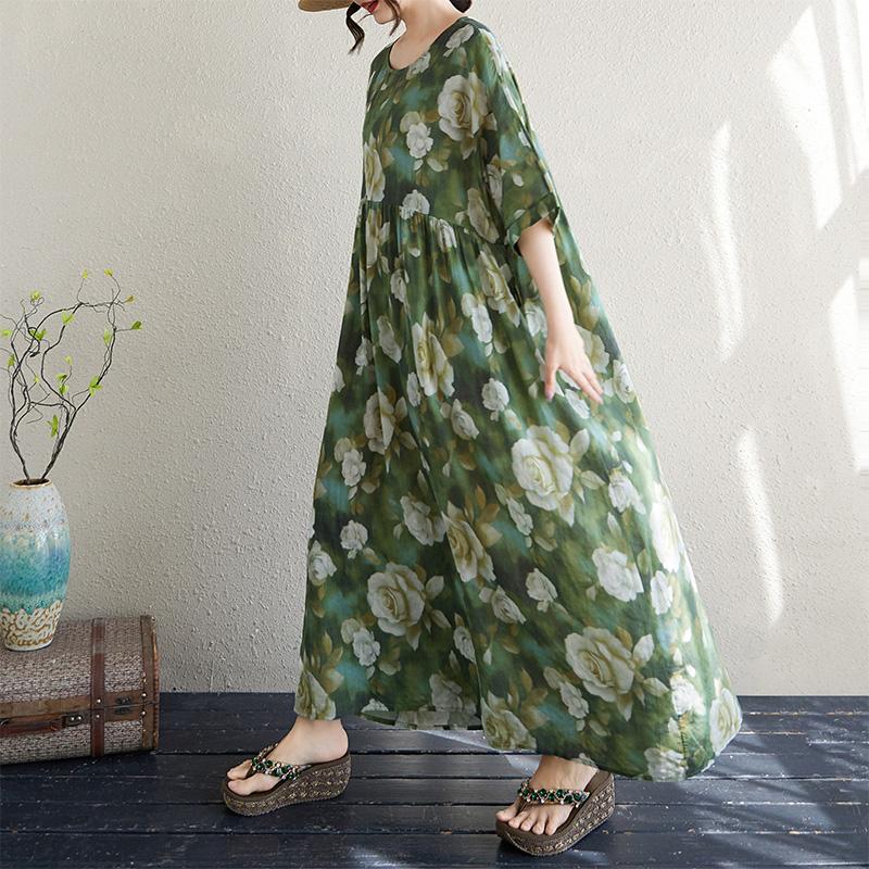 

DIMANAF 2025 Летнее Платье Большого Размера Длинное Повседневное Базовое Женское Свободное Винтажное Цветочное Новая Принтованное Пляжное Платье Макси One Size зелёный