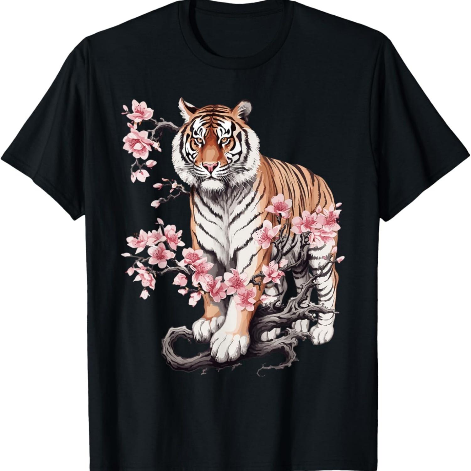 Tiger T Shirts For Women Vintage  Cherry Blossom T-Shirt(3) S чёрный