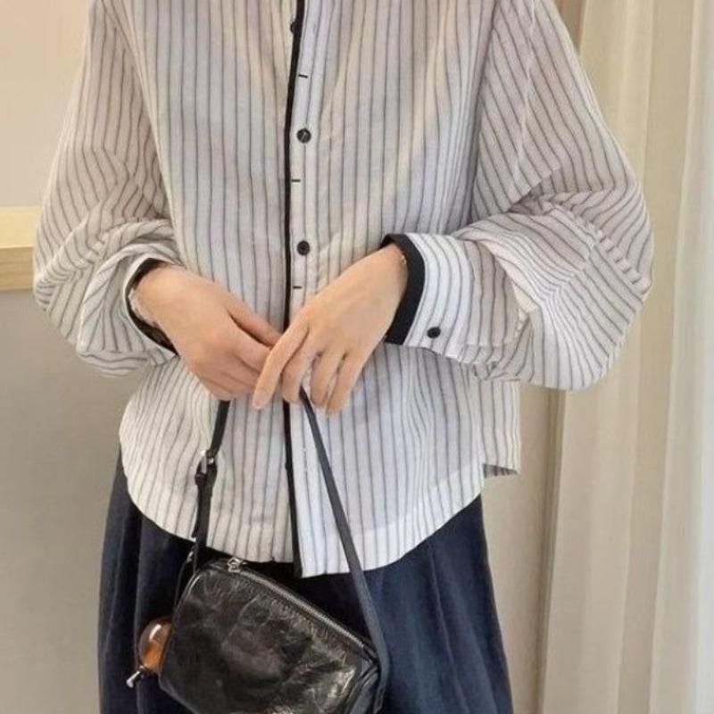 Women's Striped Shirt Ladies' Round Neck Lantern Long Sleeved Blouse Autumn New Version Korean Style Loose Versatile Casual Top
