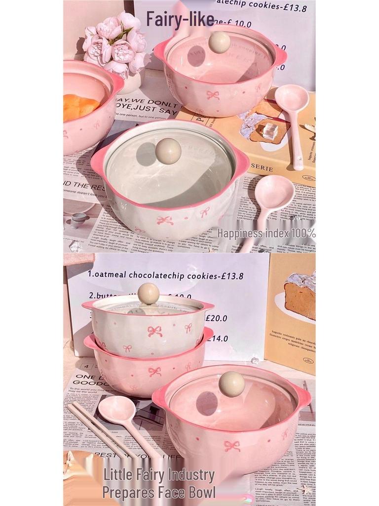High-Value Ceramic Noodle Bowl with Lid: Super Fairy, Bowknot Design, High-Temperature Resistant, Perfect for Instant Noodles and Rice.