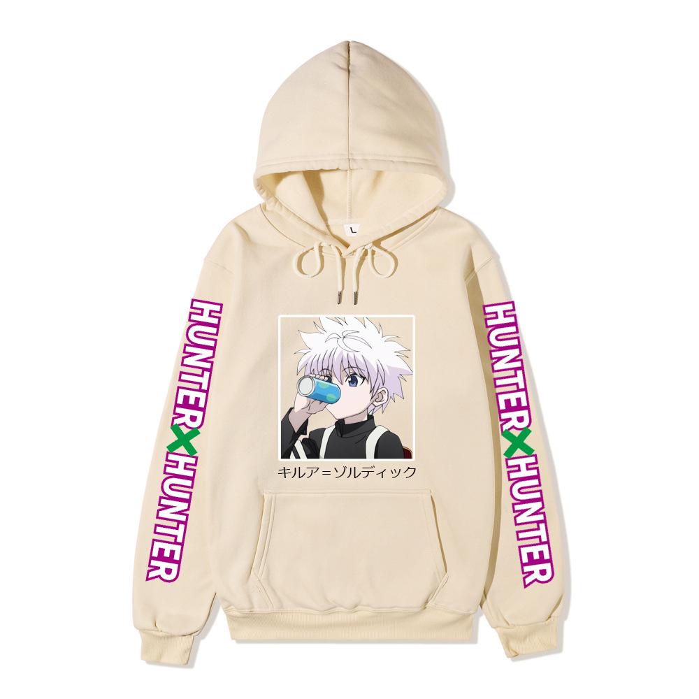 Hunter X Hunter Drinking Killua Hoodie Japanese Name Purple Letter Sleeve Anime Hooded Pullover Sweatshirt