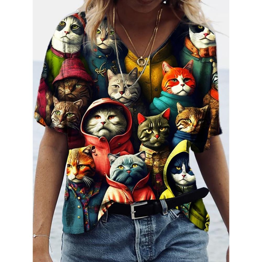 

Women s 3d Cats Print T-Shirt Fashion Woman Blouses 2026 Funny Kawaii V-Neck T Shirt Female Clothing Oversized Summer Tops Tees 3XL