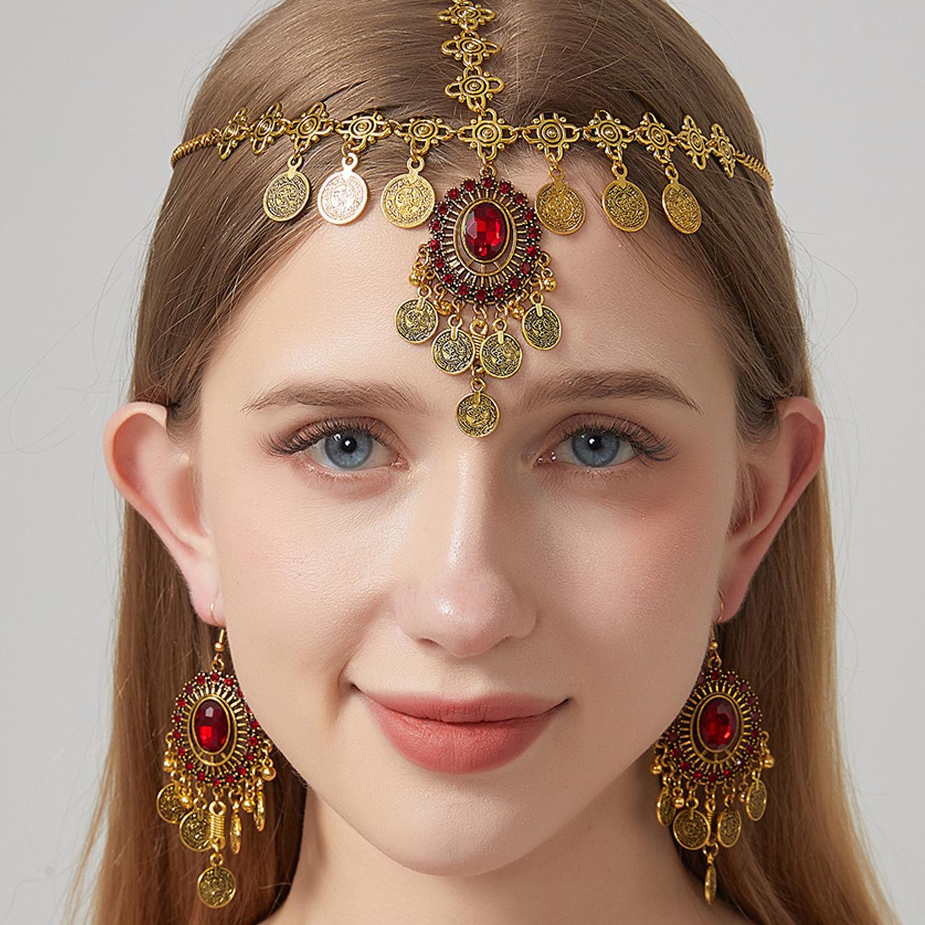 

Bohemian Vintage Crystal Rhinestone Head Chain Earrings Set Ethnic Style Hair Accessories for Women красный