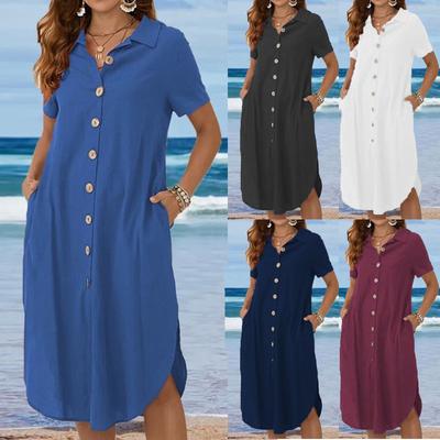 Dames casual mode effen kleur losse shirtjurk met lange mouwen en zak