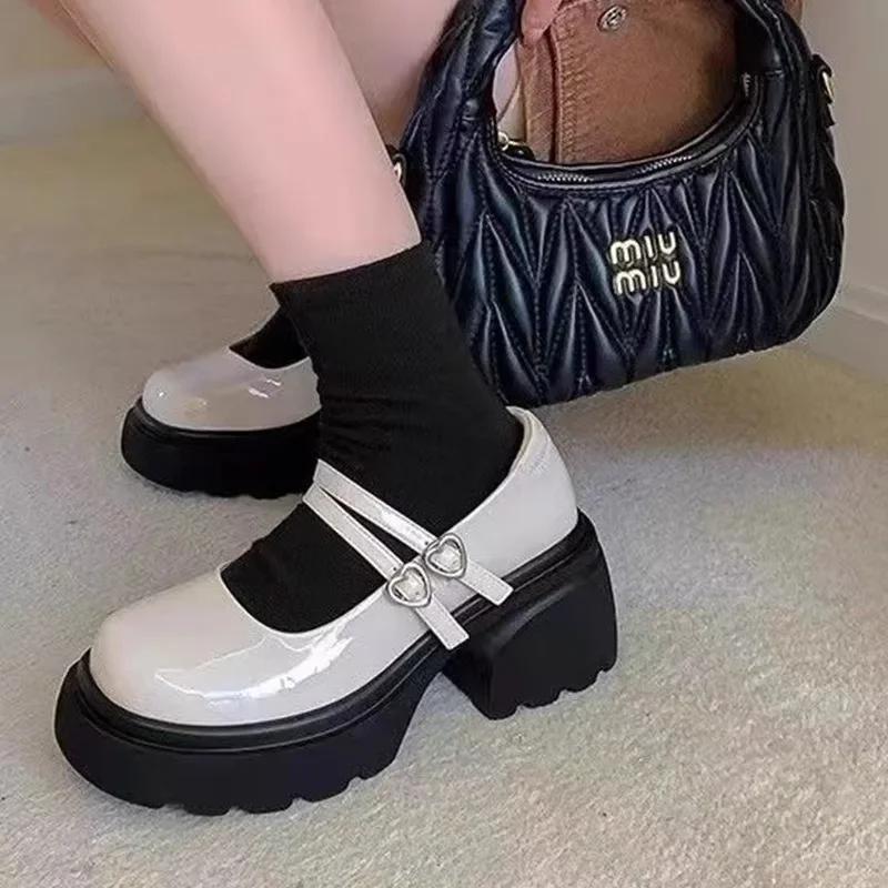 Women's Autumn New Style High Heel Boots with One-Piece Strap Cute Student Mary Jane Shoes Comfortable Polyester Material  Mujer