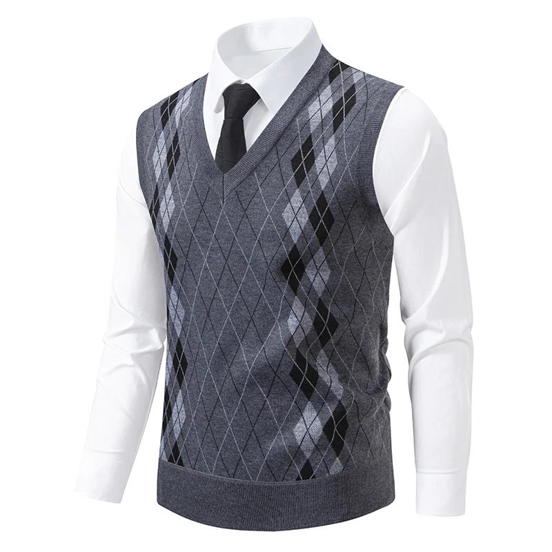 Men's Knitted Warm Sweater In Autumn and Winter V-neck Vest Diamond Grid Twisted Flower Casual Fashion Versatile Top