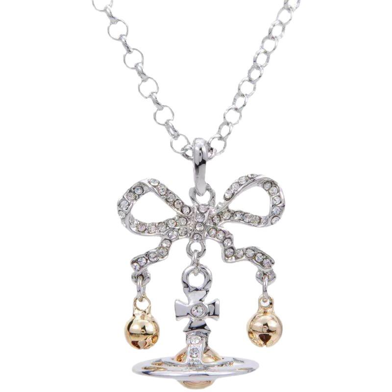 Empress Cixi Planet Pendant & Christmas Bell Bow Brooch Necklace: Luxury Women's Fashion Clavicle Chain