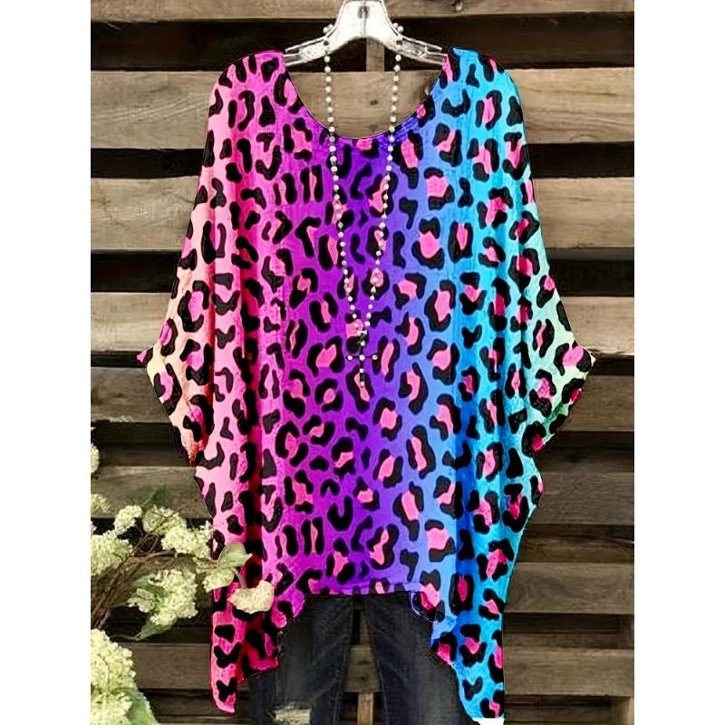 Camiseta de Mujer Moda Leopardo Impresión 3D Tops Verano Sexy Cuello Redondo Manga Corta Camiseta Calle Casual Holgada Ropa de Mujer
