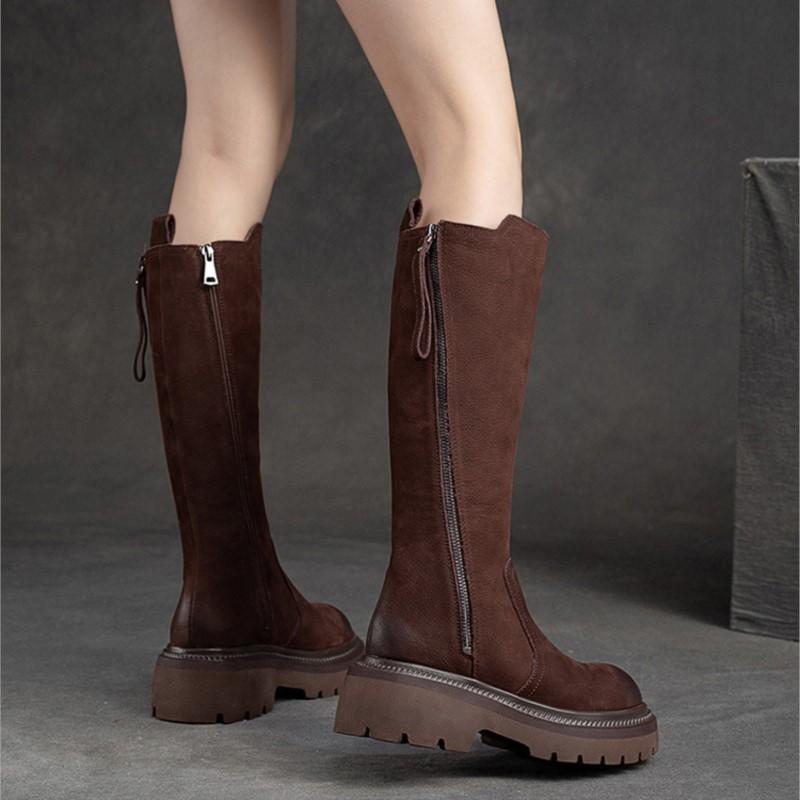 Johnature Retro High Boots Genuine Leather Fashion Side Zipper Knight Boots Thick Soled Women's Shoes