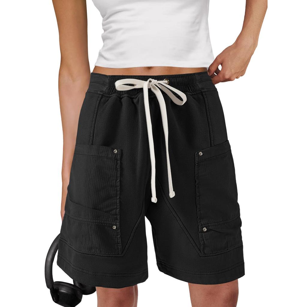 Women's Lightweight Elastic Waistband Cargo Shorts Knee Length Multi Pocket Utility Shorts with Drawstring Adjustable Fit