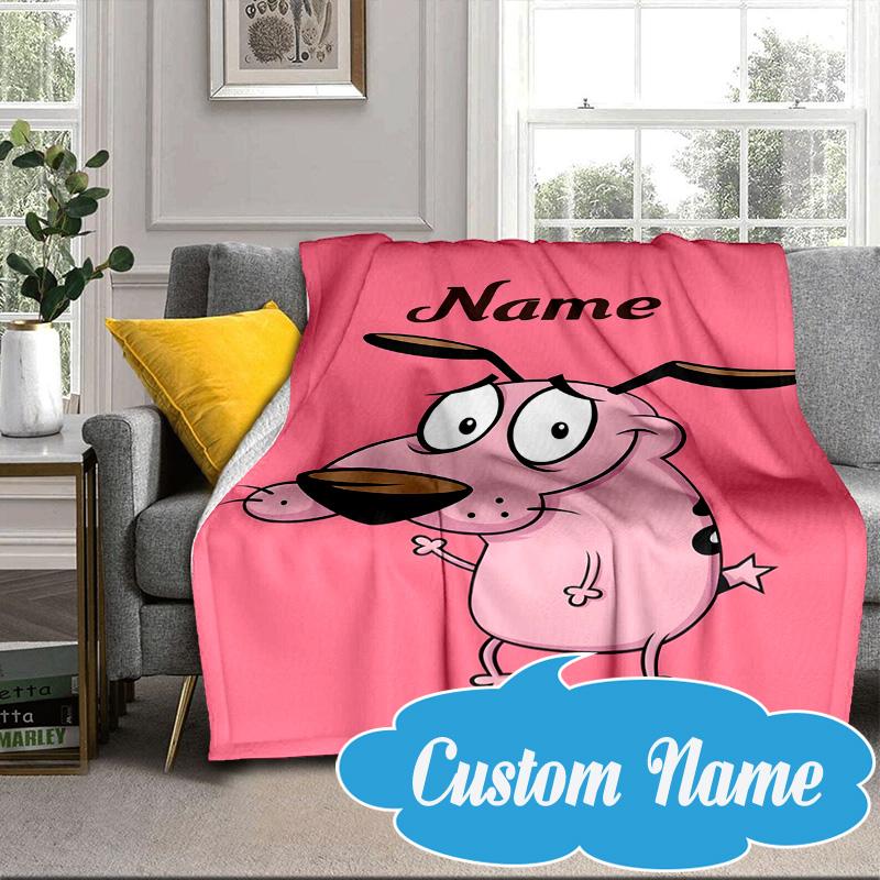 Custom Name Cowardly Dog Adventure Blanket Bed Sofa Blanket Flannel Blanket for Camping, Hiking, Picnic Essentials,gift for Fan Family