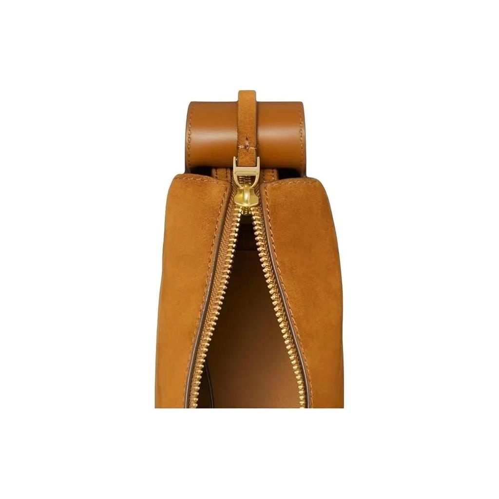 TORY BURCH Romy Top-Zip Adjustable Strap Suede Shoulder Bag for Women Brown