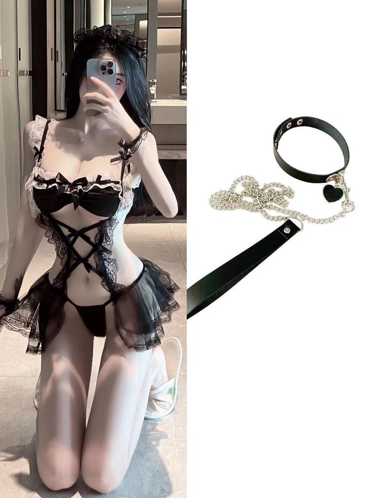 Seductive Lingerie: Sheer Puff Skirt Maid Costume with Hollowed Hem for Women
