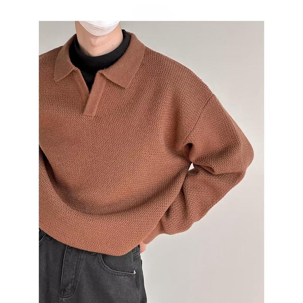 Men's Solid Color V-Neck Polo Sweater - Thick Knit, Long Sleeve, Spring/Autumn Top