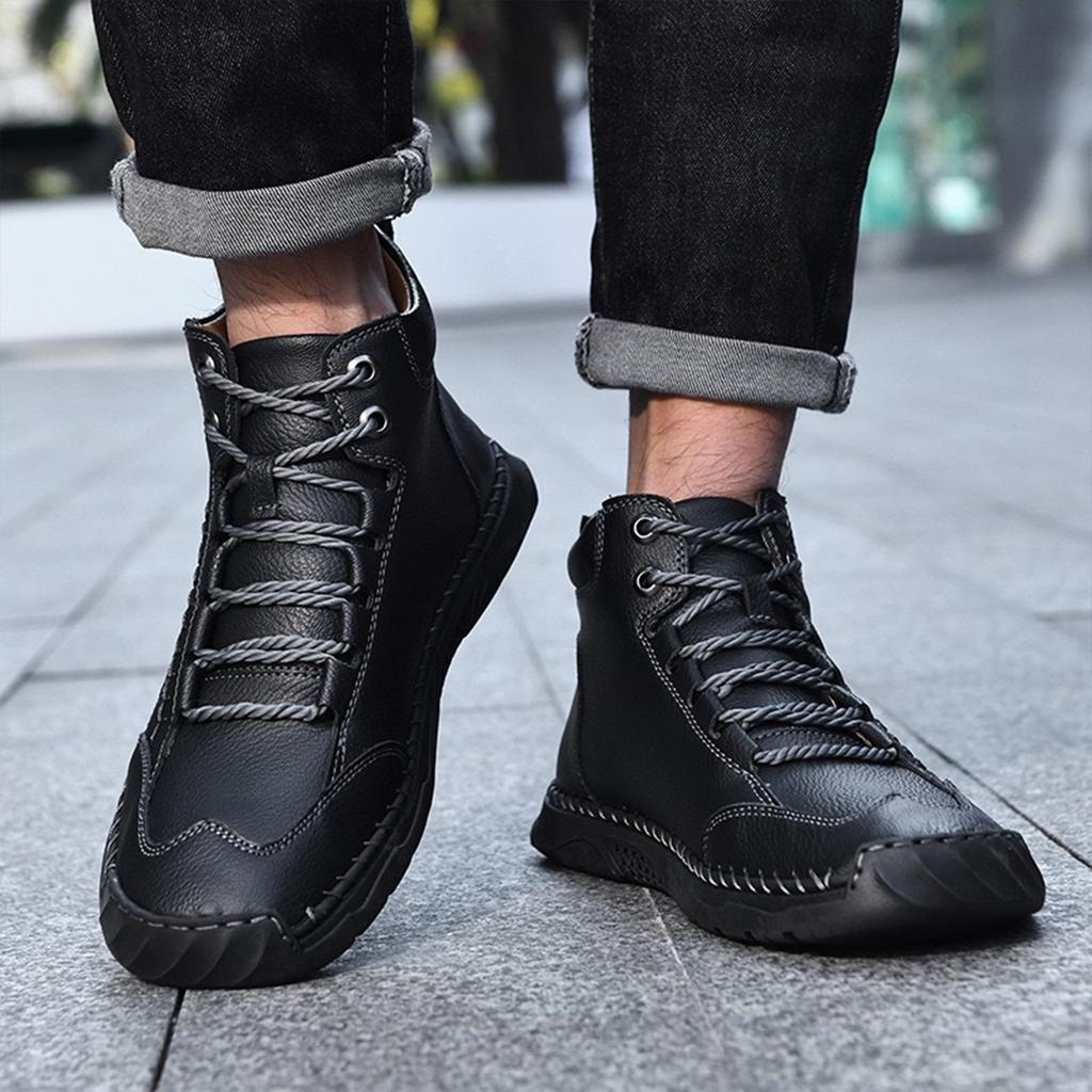 Men's Leather Boots Fashionable Hand-Stitched Boots Flat Boots Lace-Up Casual Shoes