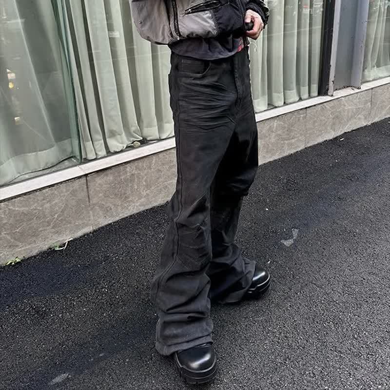 RO style American dark tide brand hand-brushed wax coating elastic micro-pull jeans bootcut floor mopping men's pants