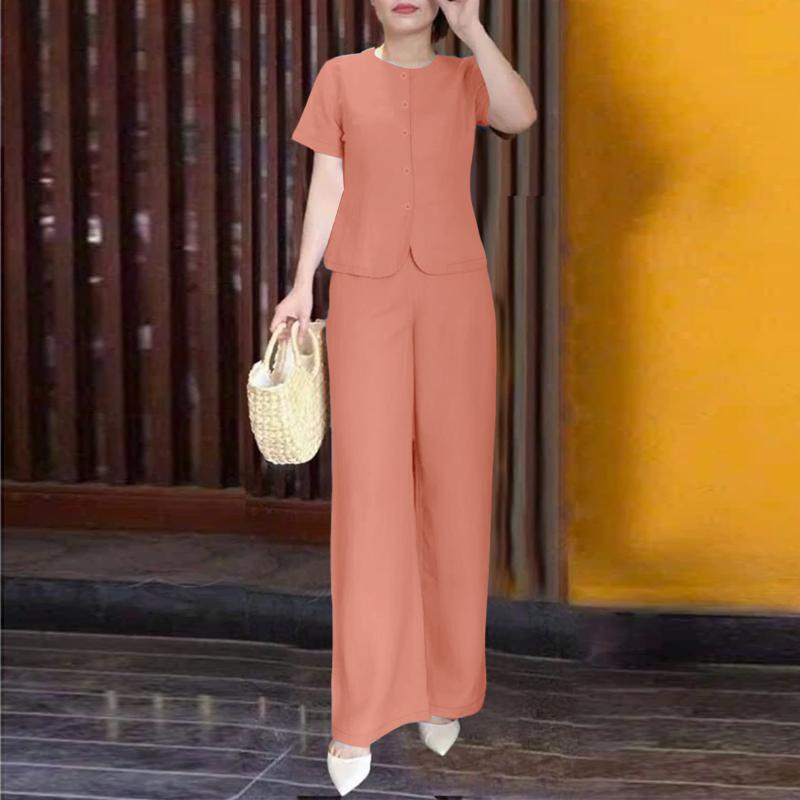 

ZANZEA Женская блузка с коротким рукавом и брюки Летние комплекты-двойки 4XL розовый