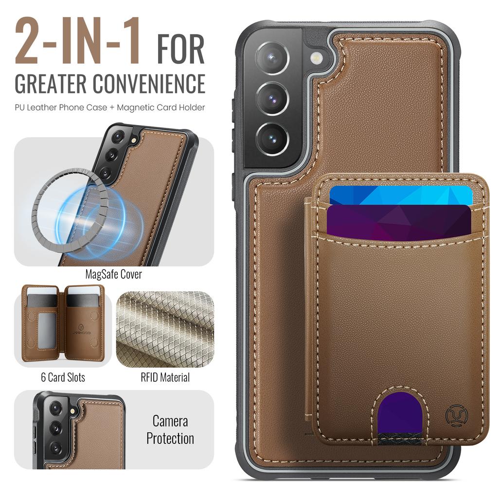 For Samsung Galaxy S22 5G Magnetic Case JEEHOOD J10 Leather Back Phone Cover with Detachable Card Holder Kickstand