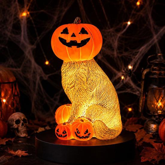 Cute Spooky Tabletop Decor Lighted Pumpkin Cat Figurine, Halloween Resin Sculpture, Creative Fall Home Decoration Autumn Ornament for Indoor