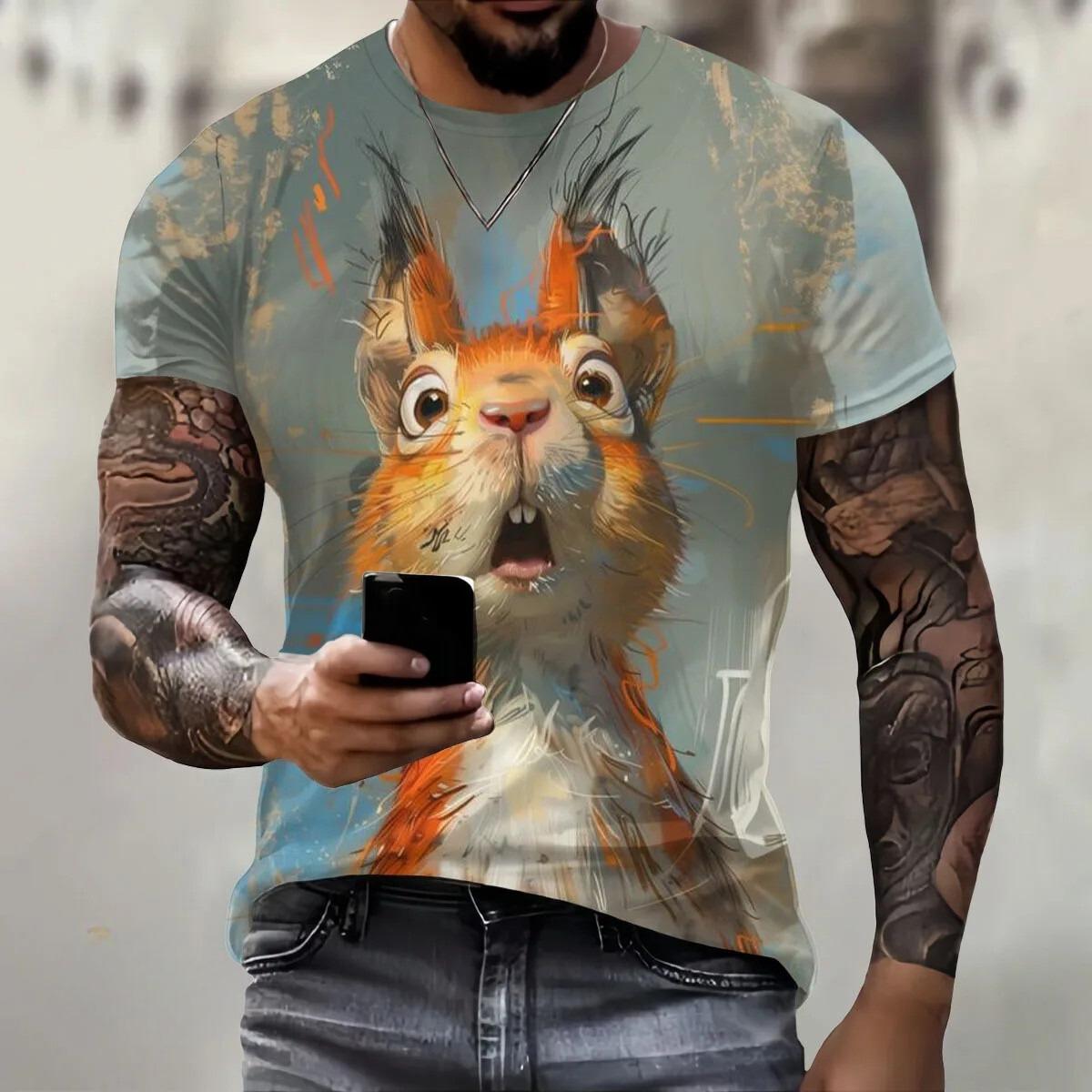 Fashionable Men Squirrel Print T-shirt Comfortable Loose Short Sleeved Creative Large Size T-shirt S