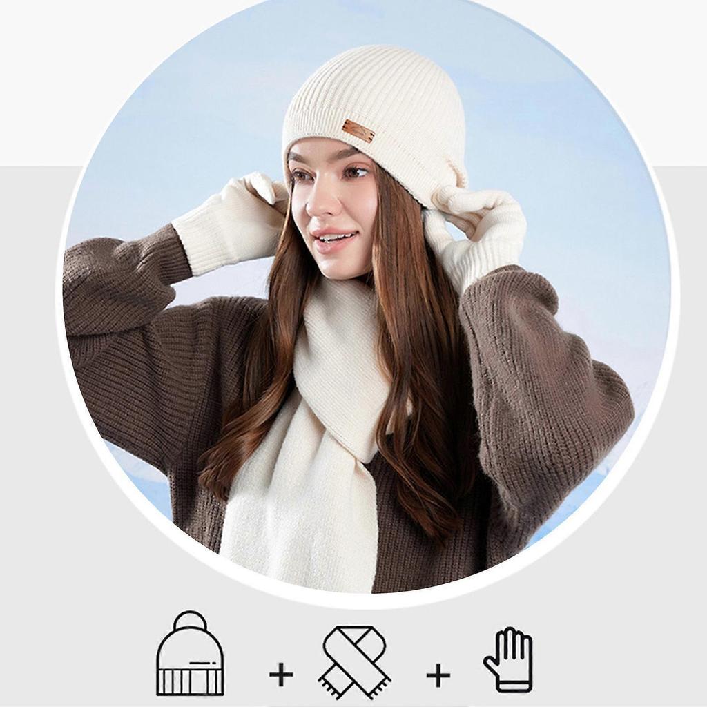Women'S Winter Scarf Hat Gloves Set Thickened Knit Touch Screen Compatible Warm