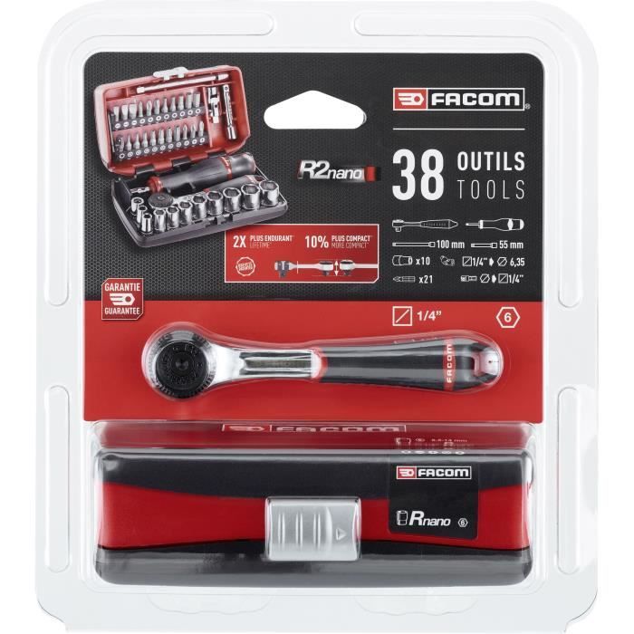 Coffret douilles 1/4'' 6 pans métriques et embouts - FACOM - R2NANOPB - 38 pièces diamètre 5,5 à 14mm