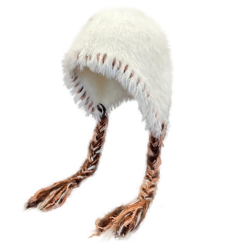 Cute Plush Hat Women's Autumn and Winter Colorful Fringed Braids Knitted Pullover Hat Ear Protector