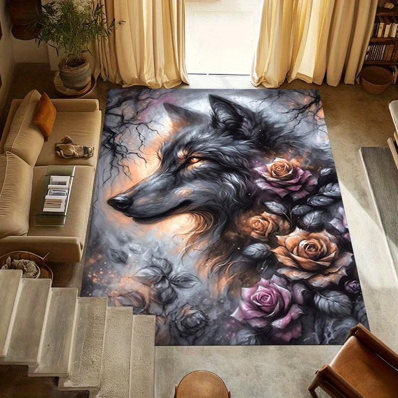 1pc Wolf Roses Themed Rug for Home Decor, Non-slip Office Carpet, Chair Mat, Outdoor Mat, Christmas and Halloween Gifts-0731127