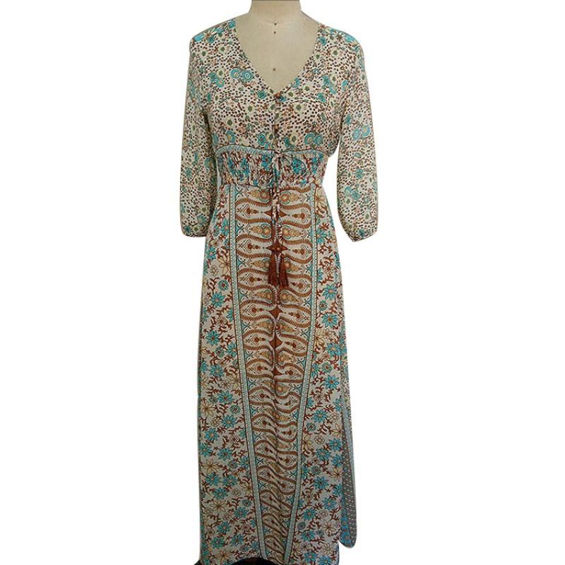 Women's Summer Print Seven-point Sleeve Elastic Waist V-neck Chiffon Sexy Dress