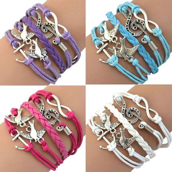 Women Retro  Skull Music Pigeon Faux Leather Charm Bracelet Bangle Cuff