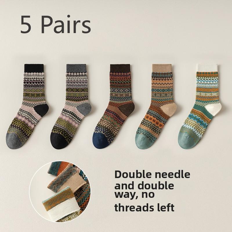 5 Pairs of Women's Spring and Autumn Vintage Ethnic Style Trendy Mid Calf Stackable Socks