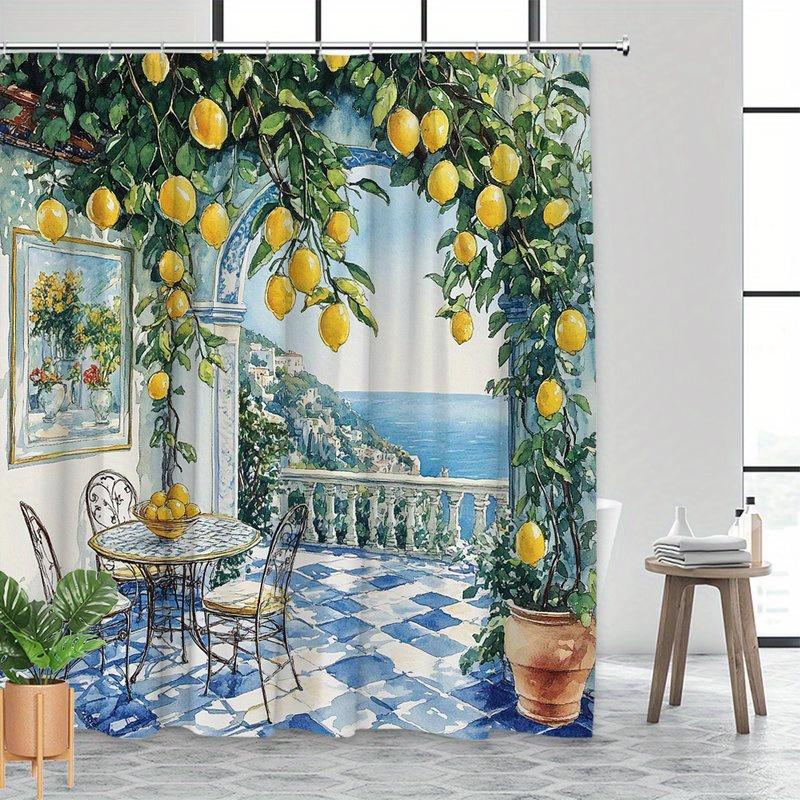 1Pc Mediterranean Shower Curtain - Extra Large Bathroom Window Curtain With Coastal Lemon Tree, Blue & White Tile