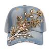 Chapeau de Baseball en Denim avec fleurs en relief pour femmes, chapeau d'été incrusté de strass