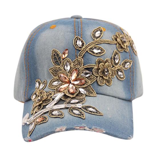 Chapeau de Baseball en Denim avec fleurs en relief pour femmes, chapeau d'été incrusté de strass