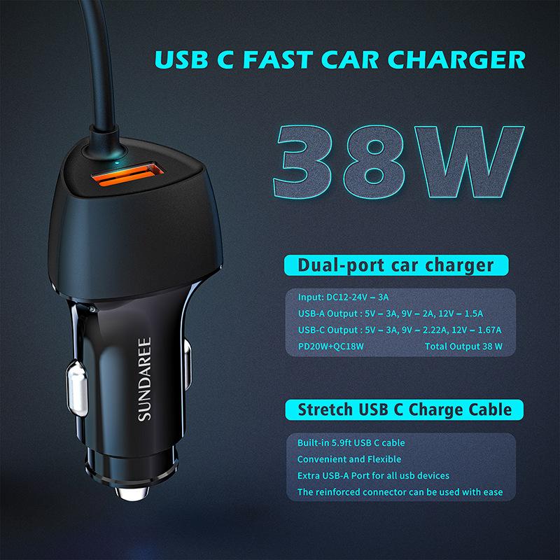 48W USB Fast Car Charger Stretch Cable Adapter for IPhone 12 11 14 15 Samsung Galaxy Android Type-c Car Charger