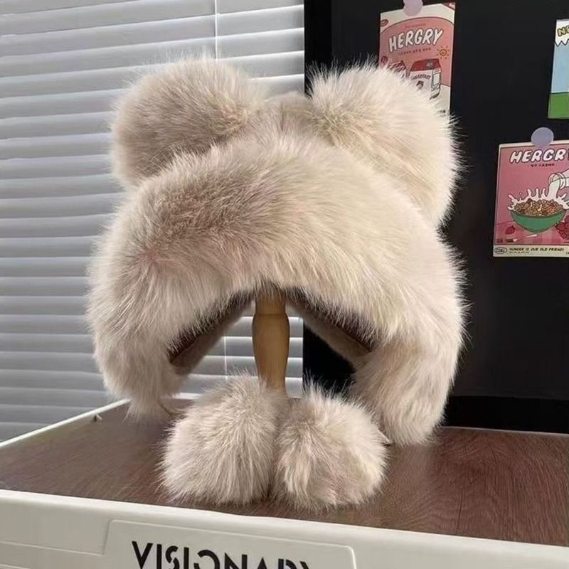 Cute Warm Winter Plush Hat Bear Ear Thickened Ear Protection Hat Wool Soft Fluffy Bucket Hat Women