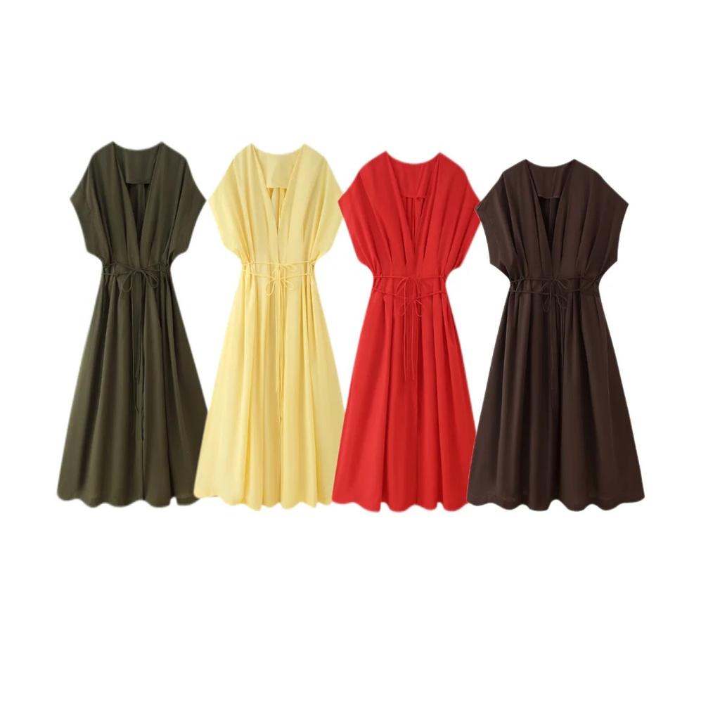 Vintage Women Dresses Fashion Single Breasted Sashes Draped V Neck Sleeveless Solid Ladies Dresses