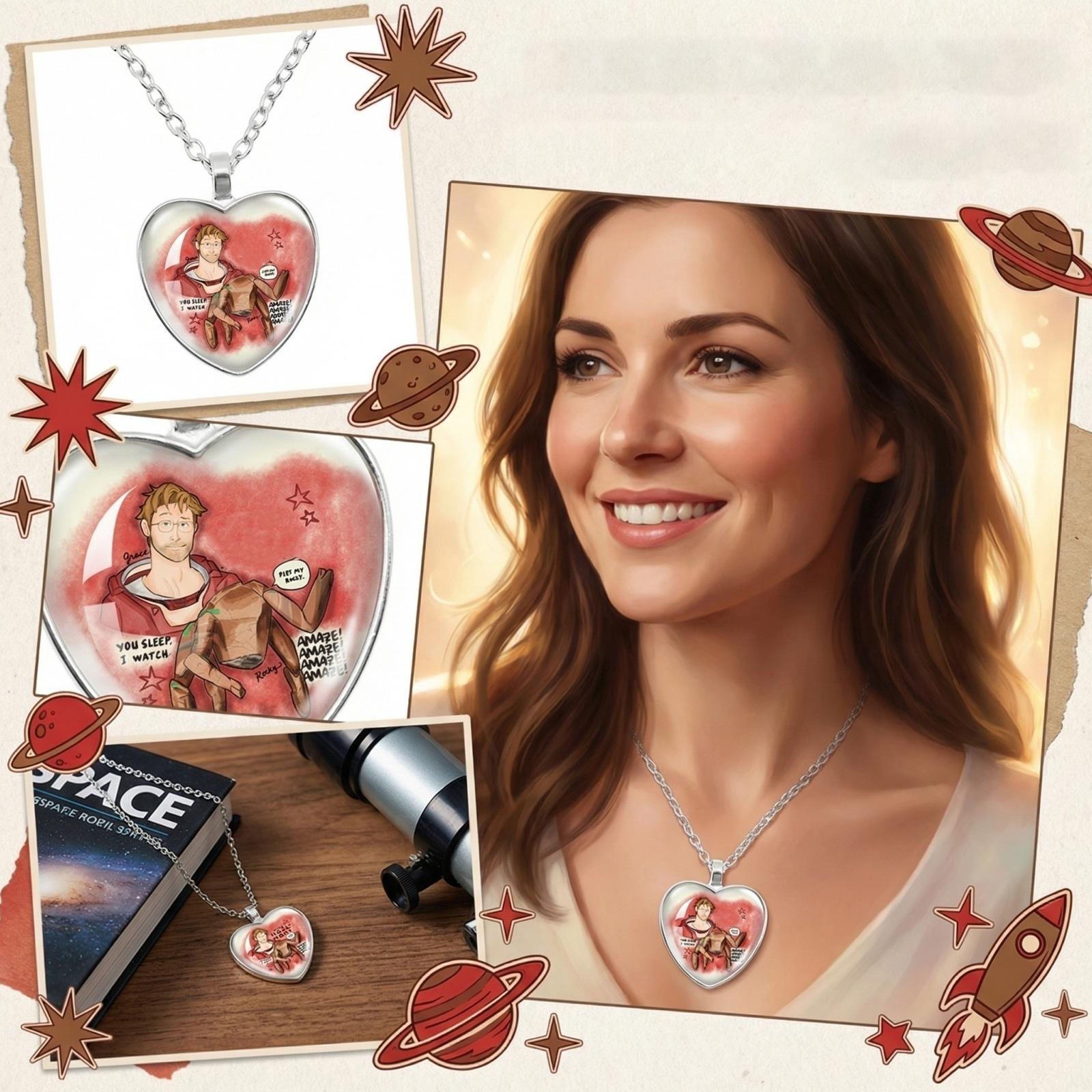 

Heart Shaped Pendant Necklace with Illustrated Character and Geometric Design Chain Jewelry for Everyday Wear and Gift Giving One Size